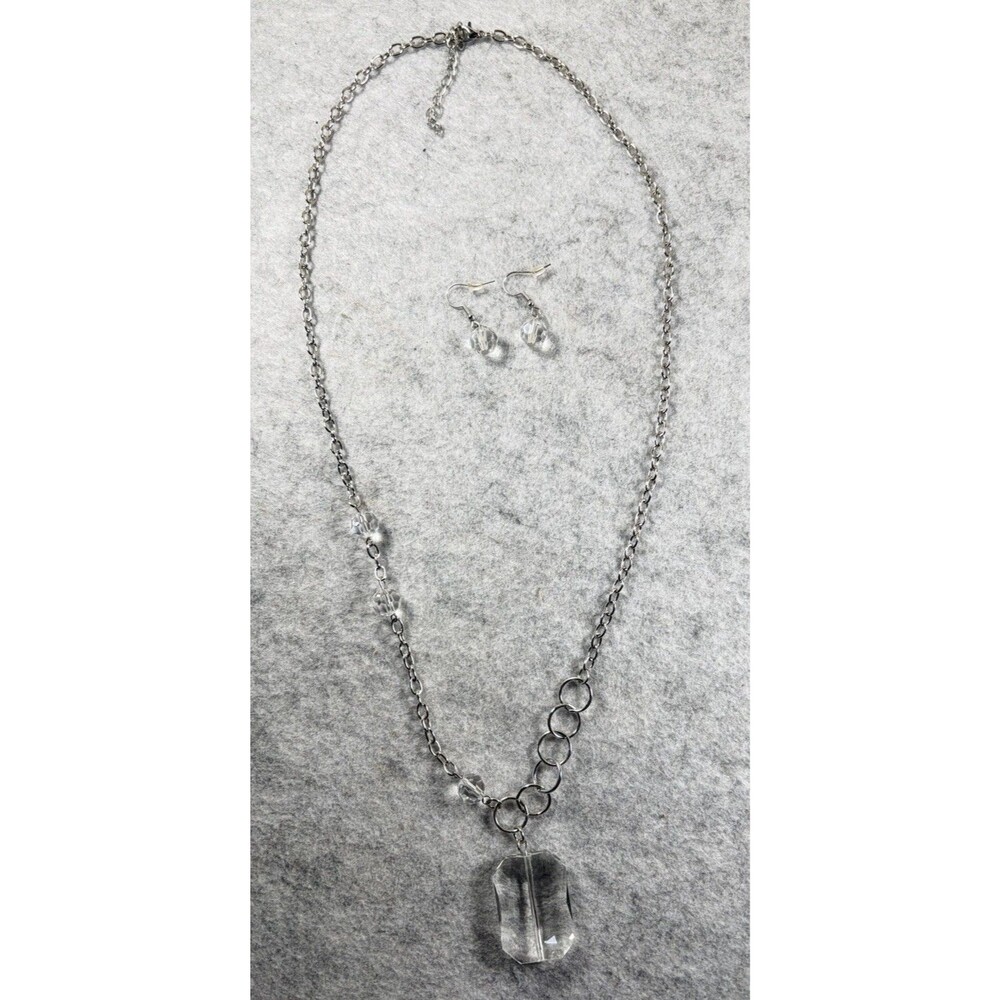 Y2K Silver Tone Clear Lucite Pendant Necklace Earrings Set Asymmetrical - Picture 4 of 7
